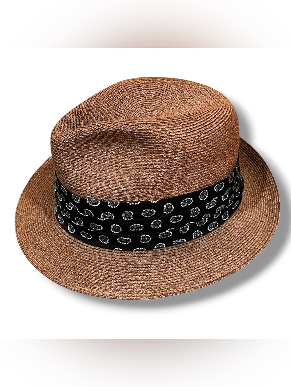 Vintage Cavanagh Hats New York Fedora Hat 7 1/8 Brown Raffia Paisley Band Unisex